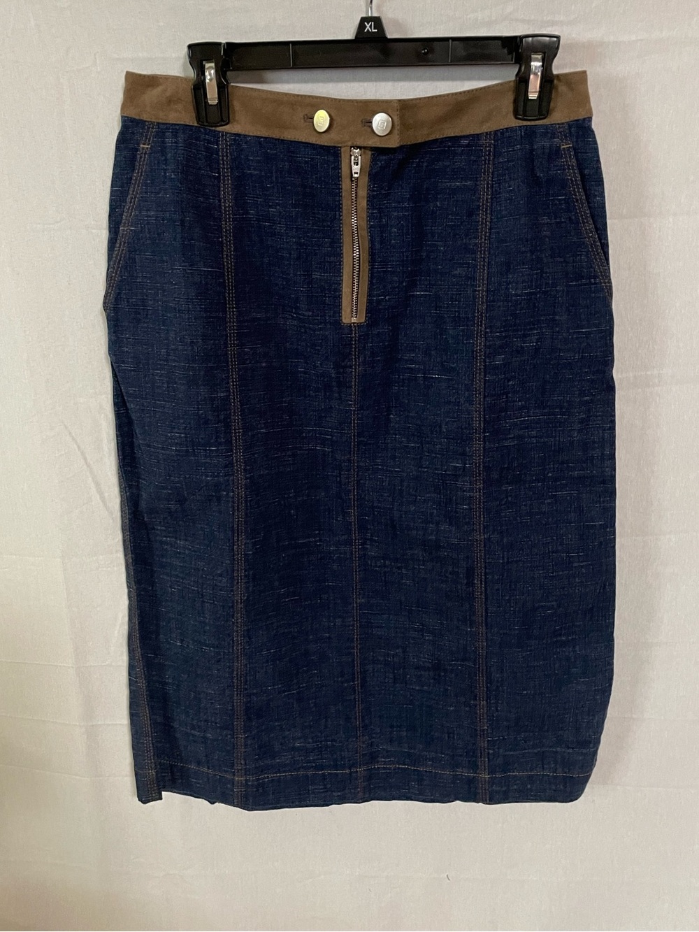 Lafayette 148 New York Navy Denim Pencil Skirt with Brown Waistband